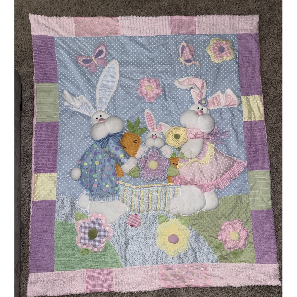 Vintage Baby Bunny Patchwork Quilt 3D Appliqué Pastel Nursery Quilt‎ 58x50